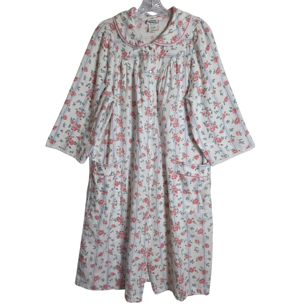 Lady Manhattan Nightgown Women 1X White Pink Floral Vintage Flannel Cottagecore